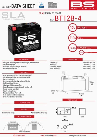 TIGER 1050 (2007 - 2019) bt12b-4 sla 12v 210 a battery | BS BATTERY