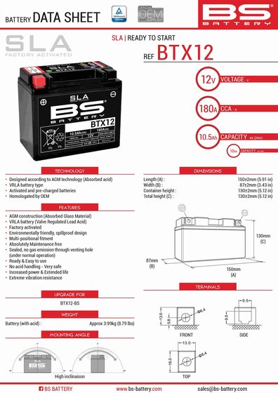 STREET TWIN 900 (2016 - 2021) btx12 sla battery | BS BATTERY