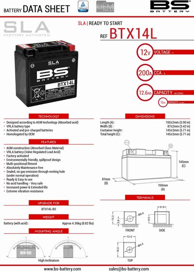 SPRINT ST 1050 (2011 - 2011) btx14 sla 12v battery | BS BATTERY