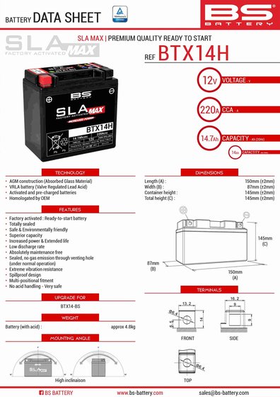 THUNDERBIRD 900 SPORT (1997 - 2004) btx14h sla max battery | BS BATTERY