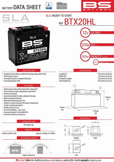 ROCKET 3 TOURING (2007 - 2017) btx20hl sla battery | BS BATTERY