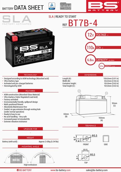 DAYTONA 675 (2006 - 2015) bt7b-4 sla 12v 105 a akumuliatorius | BS BATTERY