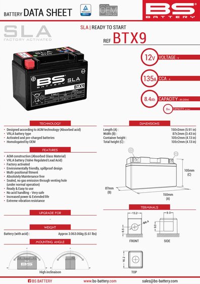 DAYTONA 675 (2006 - 2016) btx9 sla 12v 135 a akumuliatorius | BS BATTERY