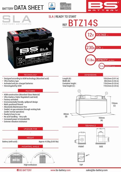 TIGER 900 GT PRO (2020 - 2022) btz14s sla akumuliatorius | BS BATTERY